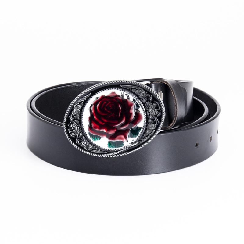 Rose-Shaped Waistband Leather Belt with Floral Pattern - Nightclub Single Loop Pants Accessory