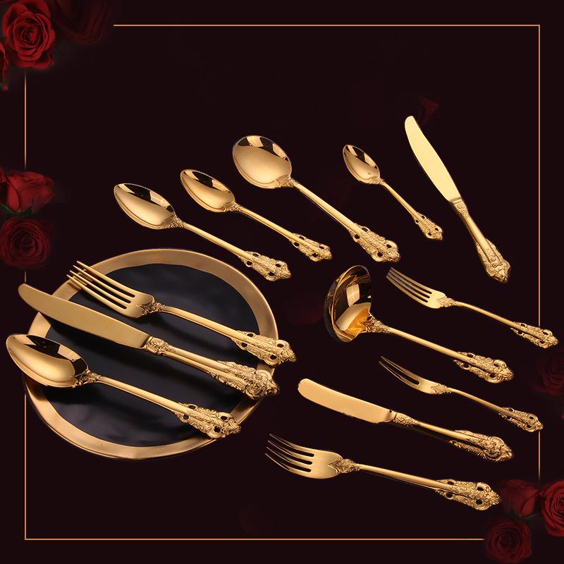 Nordic Court Titanium Gold Tableware Set: 304 Stainless Steel Steak Knife, Fork & Spoon