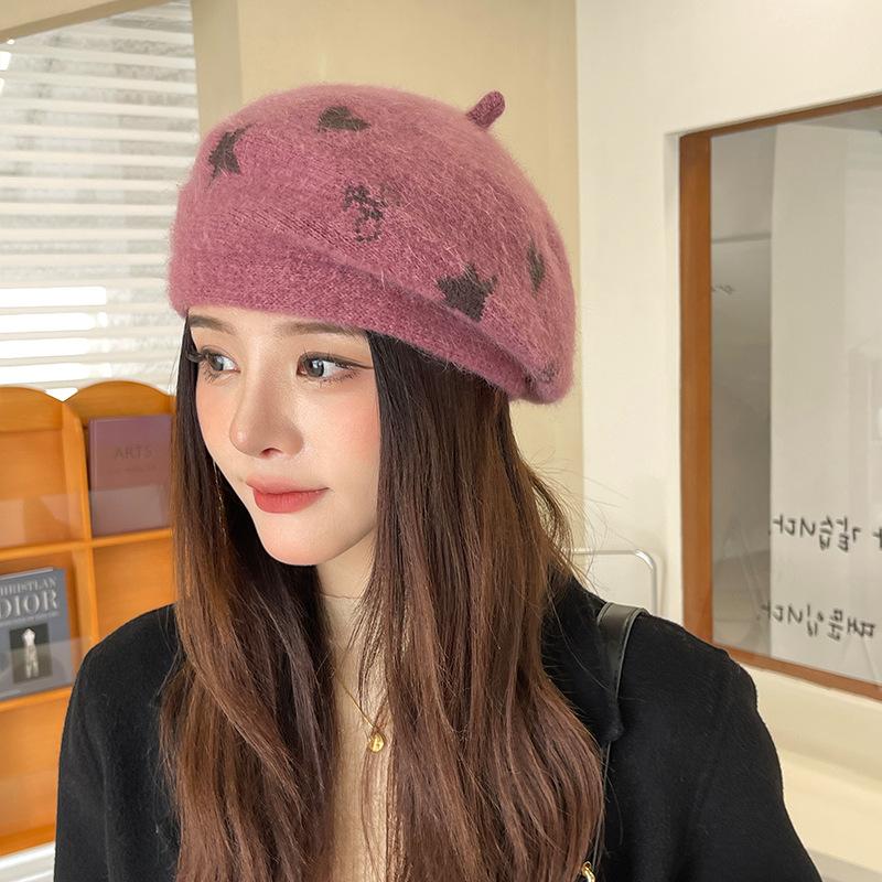 Women's Beret Hat Autumn and Winter Solid Color Knitted Woolen Hat Warm Thick Soft Vintage Painter Premium Hat