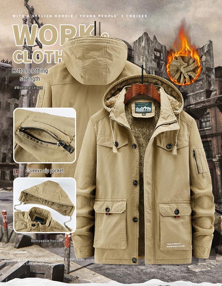 Men's Plus Size Winter Workwear Jacket - Fleece Lined, Thick, Multi-Pocket, Hooded