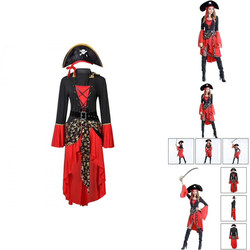 Women's Pirate Costume Set With Red Dress Hat And Belt Perfect For Halloween Parties