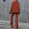 Women's Fashionable Color Blocked Round Neck Long Sleeved Top, High Waist Split Casual Pants Loose Home Suit Set