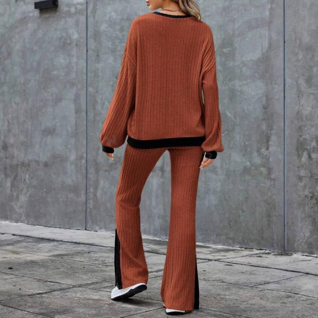 Women's Fashionable Color Blocked Round Neck Long Sleeved Top, High Waist Split Casual Pants Loose Home Suit Set