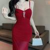 Sexy pure desire wind mesh pleated slim suspender dress women's summer temperament three-dimensional decorative waist and hip long dress