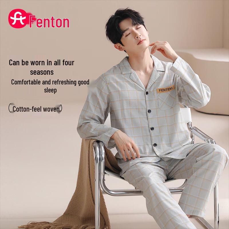 FENTENG Herren Weiches Baumwollmischung Langarm Lounge Pyjama-Set