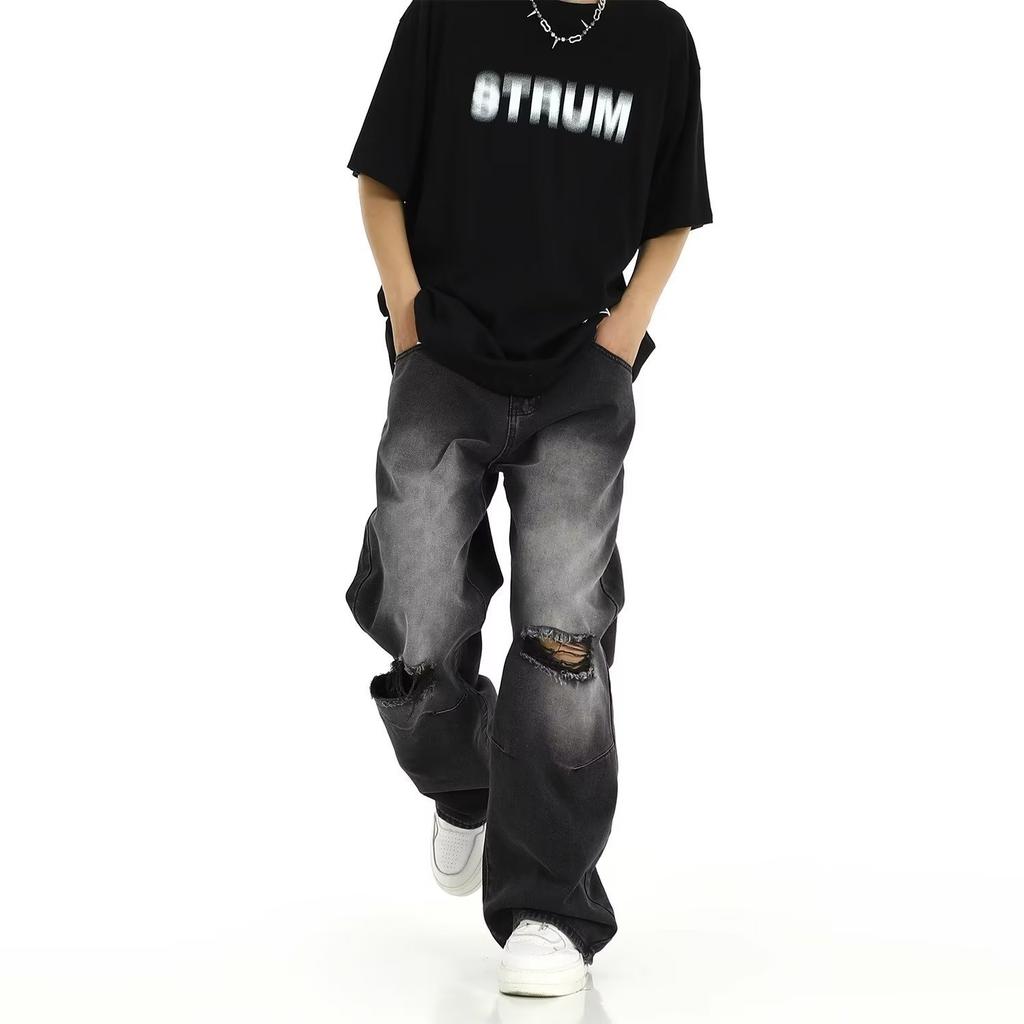 High Street Washed Old Ripped Jeans Men's Summer Trend High Street Retro Loose Straight Casual Pants Straight