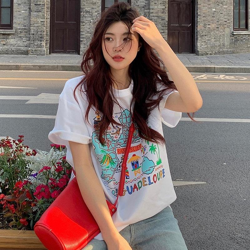 

% Cotton Island Printed Short Sleeve T-Shirt Women s Loose Korean Student Top S белый