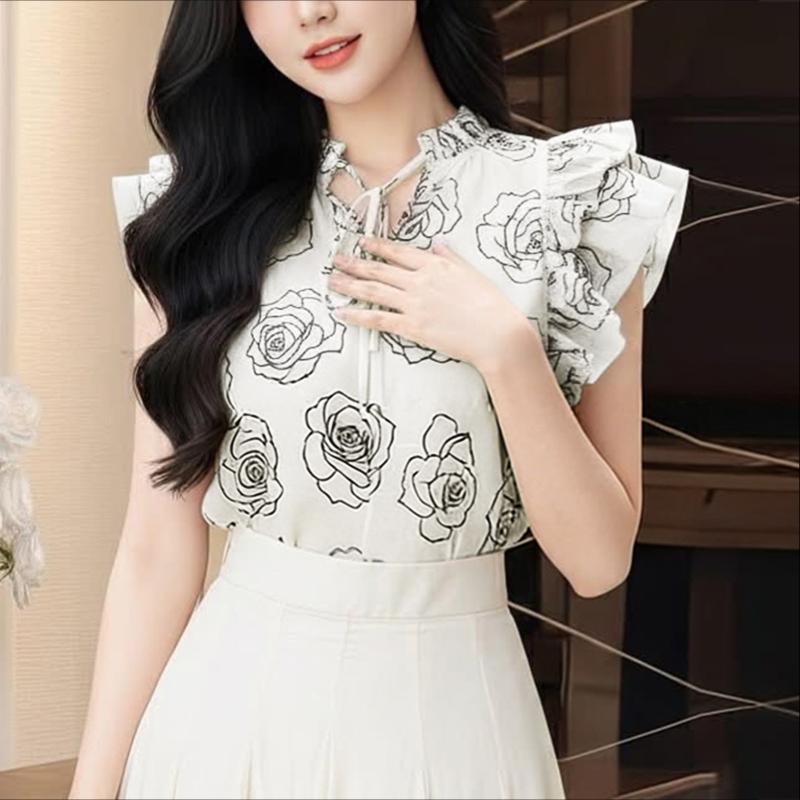 ZANZEA Womens Casual Round Neck Ruffles Short Sleeve Loose Print Blouse M белый
