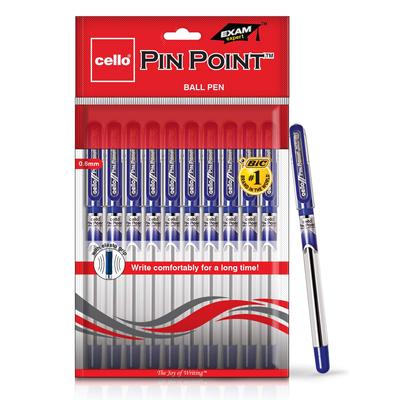 10 X Cello Pinpoint Fine Write Ball Point Pen Blue Ink 0.5 Mm Tip