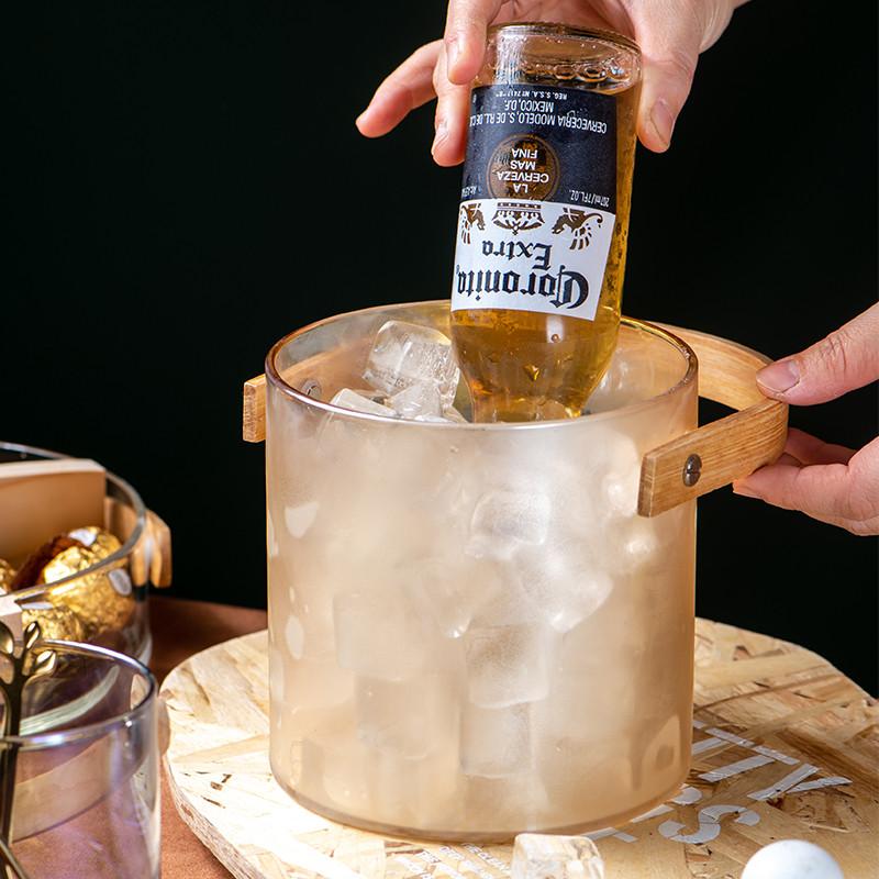 Přenosná průhledná skleněná mísa na ovoce | Kbelík na ledové víno | Salátová mísa | Koš na svačinu s dřevěnou rukojetí