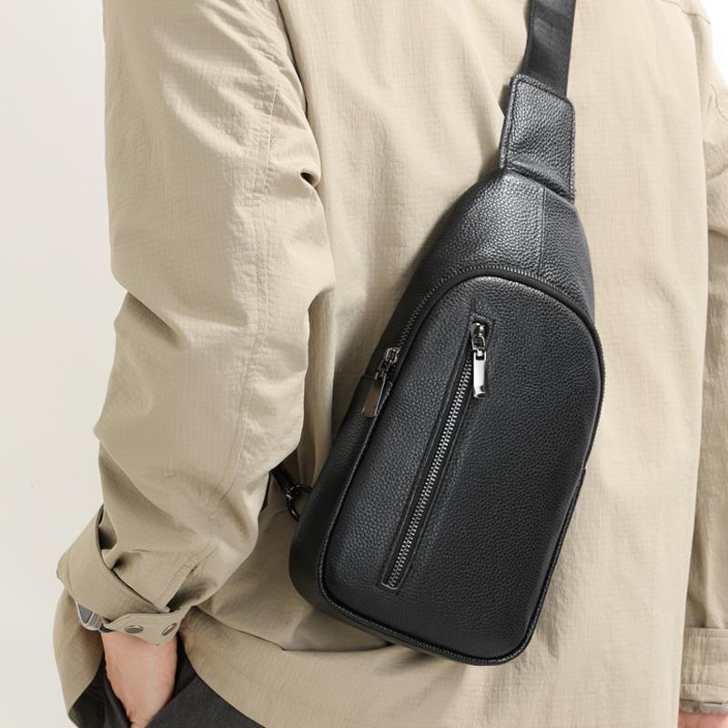 Small Black Genuine Leather Sling Bag for Men Women Crossbody Shoulder Chest Pack Hiking Daypack Outdoor Travel Backpack Cycling