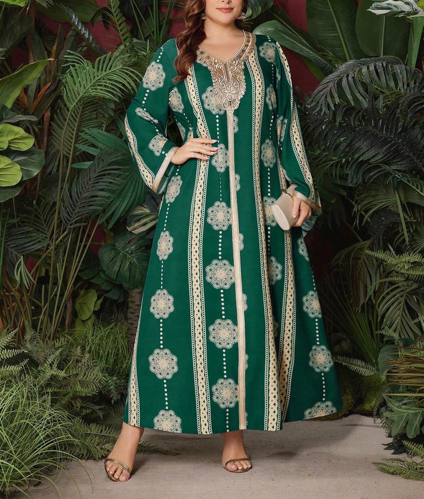 Bestseller: Orientalisches Patchwork-Blumenkleid in Übergröße, Elegantes Temperament, Frühjahrs-/Herbstmode