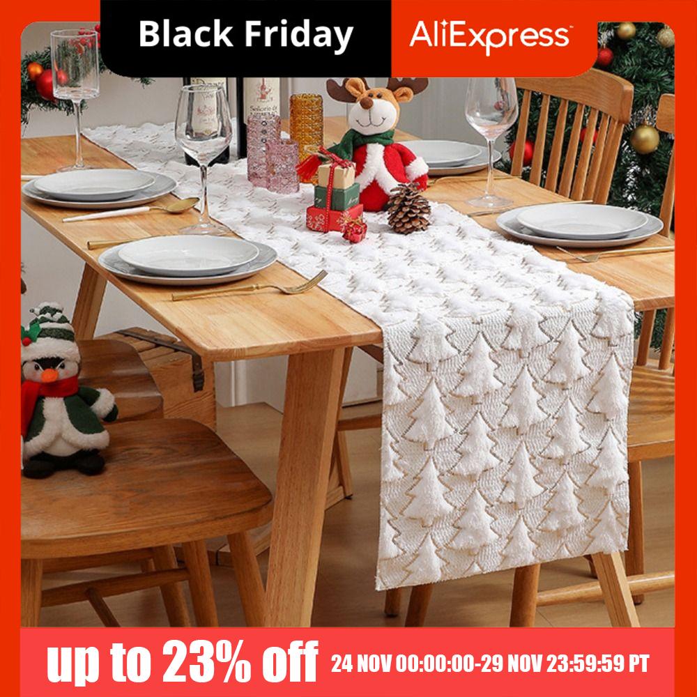 Plush Embroidered Christmas Tree Table Runner Embossed Design Long Christmas Table Cover Rectangular Dining Tablecloth