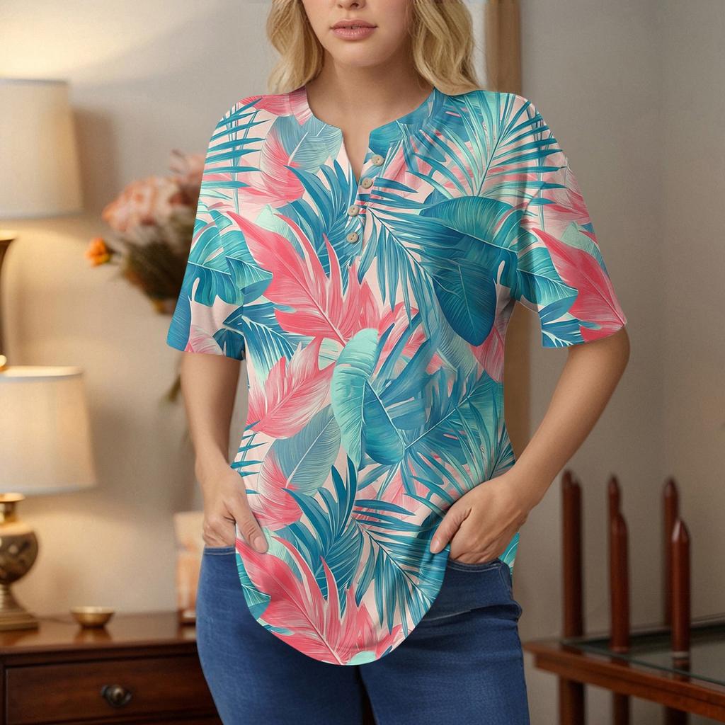 Dámské topy s krátkým rukávem, letní trička, květinový potisk, výstřih do V, ležérní základní trička s knoflíky, tuniky