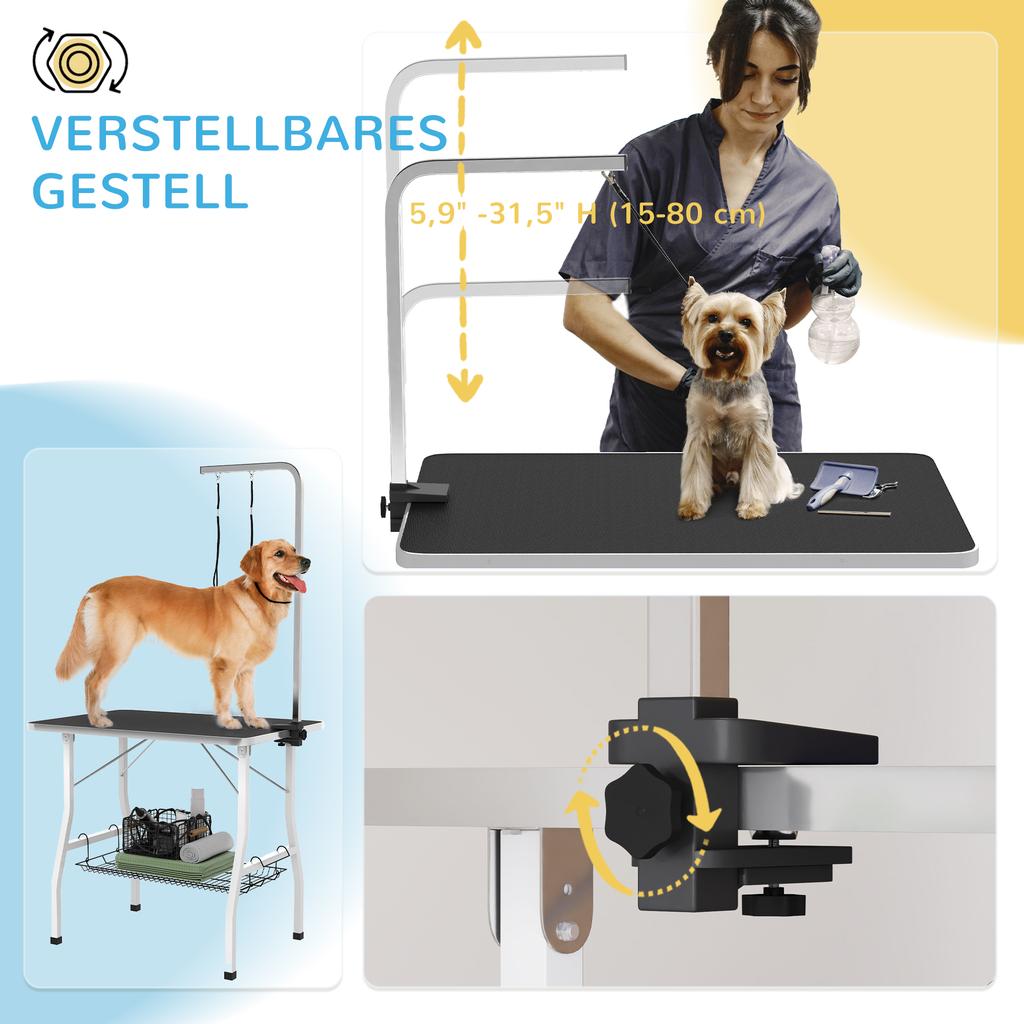 Dog Grooming Table, Grooming Table with Adjustable Arm, Storage Compartment, Rubber Surface, 90 x 60 x 76 cm, Black