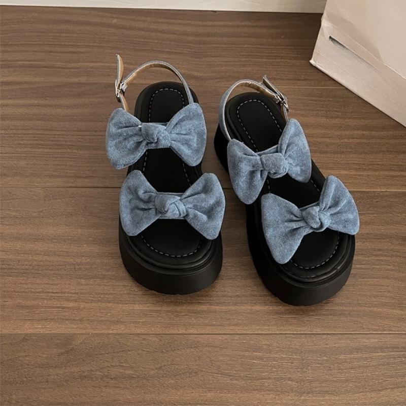 

Summer Fabric Butterfly Knot High Heels Women s Round Head Open Toe Waterproof Platform Non-slip Wedges 40 синій