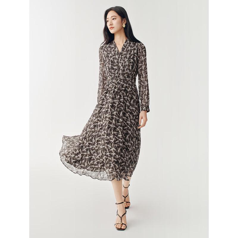 JUZUI Women's 2026 Spring Elegant Geometric Print Chiffon Cinch Waist Dress