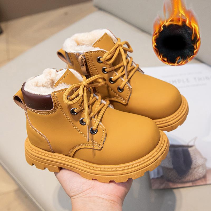 Children's Fashion Boots Winter Thickened Boys Girls' Anti Slip Warm Leather Boots Side Zipper Solid Color Kids Casual Shoes