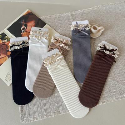 Retro-Wadensocken mit Spitzenschleife für Kinder, Mädchen, süße beige, kaffeefarbene Rüschensocken mit Schleife für Kinder, Frühling, Herbst, Baumwollsocken für die Schule