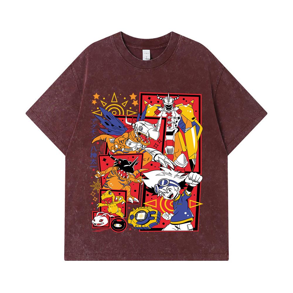 275 GSM Washed T-shirts 100% Cotton Digimon V1 Agumon Print Unisex Heavy Cotton T Shirt