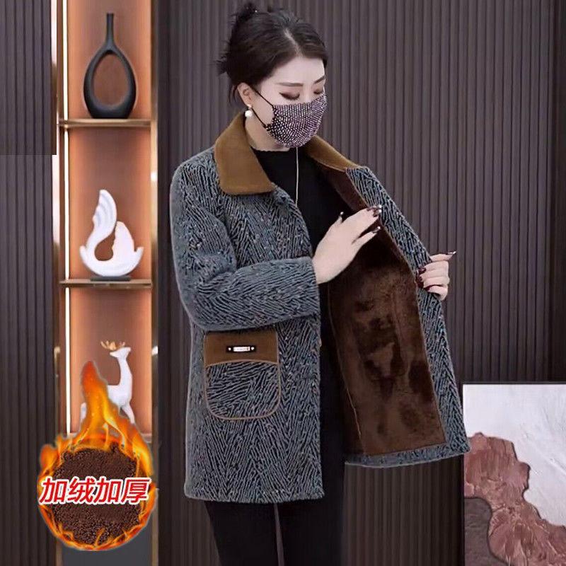 Middle Age Women s Winter Fleece Lined Coat Casual Lapel Warm Woolen Jacket 4XL