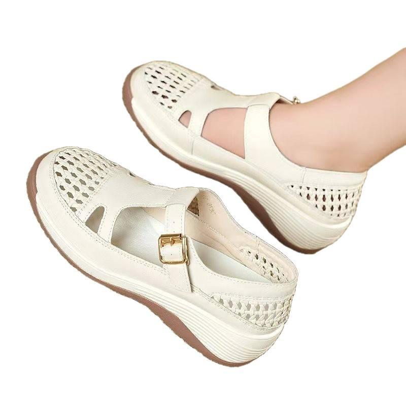 Slope heel thick sole hollow single shoes women's 2025 spring and summer new breathable comfortable light casual not tired foot mother shoes