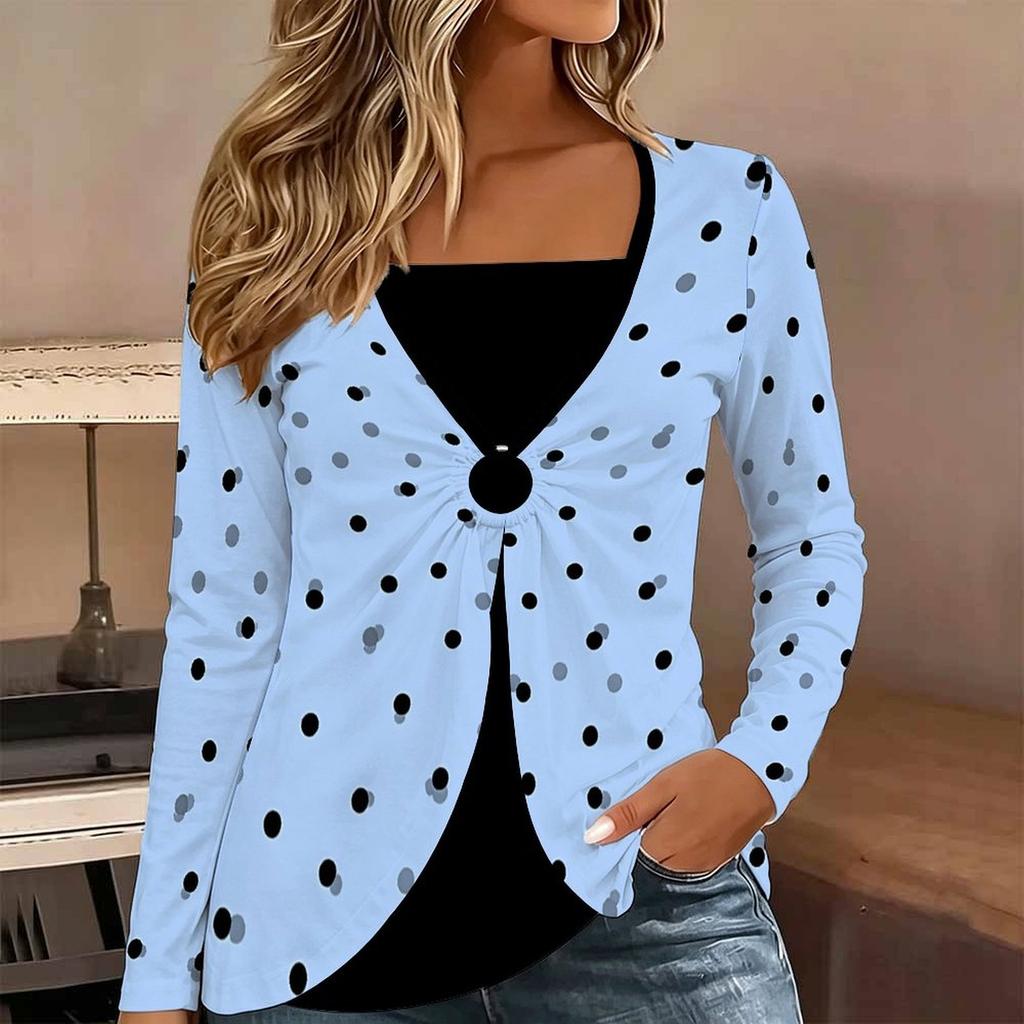 Tops for Women Floral Print Long Sleeve Fake Two‑Piece Top Fall Casual Slim Pullover Women's Long Sleeve Top