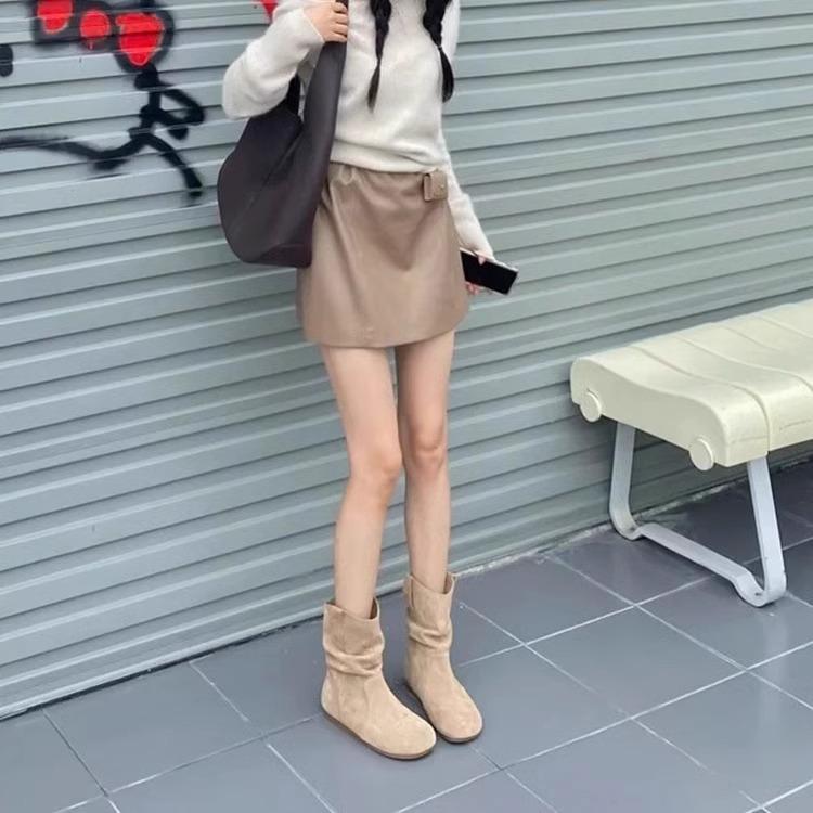 Cowhide Version~ Mushroom Glutinous Lazy Wind Suede Pile Boots Women's 2025 Autumn and Winter New Western Internet Celebrity Short Boots