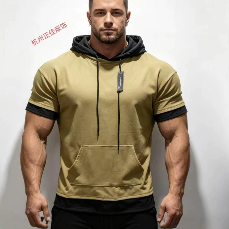 Mens Khaki Black Colorblock Short Sleeve Hoodie T-Shirt M