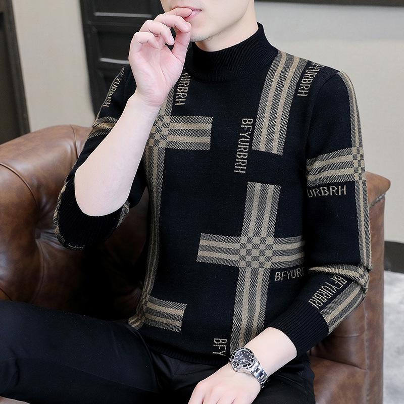 Men's Trendy Jacquard Half-High Neck Sweater: Autumn Winter Casual Knit Pullover