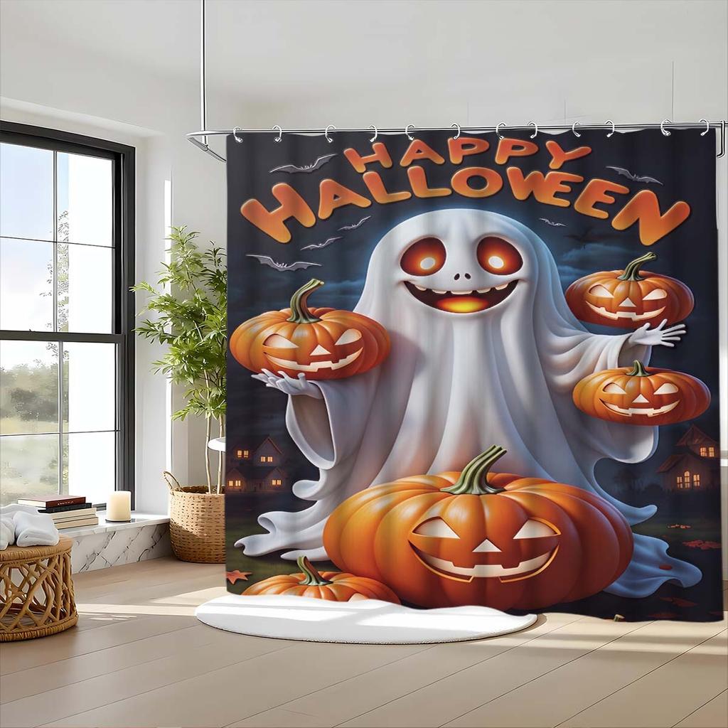Halloween Pumpkin Ghost Skeleton Polyester Shower Curtain Bathroom Curtain Easy Install Durable Fade Resistant Customized Modern