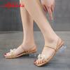 Aphixta 2025 Summer 4cmTransparent Square Heels Women Sandals Slides Pearl Butterfly-knot Open Toe Flip Flops Mujer Big Size 45