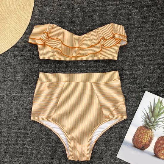 2Pcs/Set Women Bikini Set Ruffle Trim Bandeau Padded Push-Up Bra High Waisted Briefs Set Striped Print Beachwear