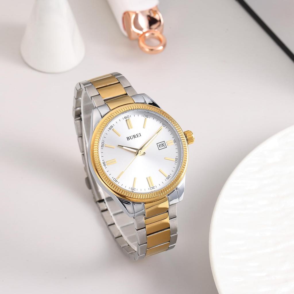 BUREI Analog Quartz Simple Date Stainless Popular Day Luxury Watch Men's Watch, Design, Display, Waterproof, Easy-to-Read Steel, Brand, Silver,