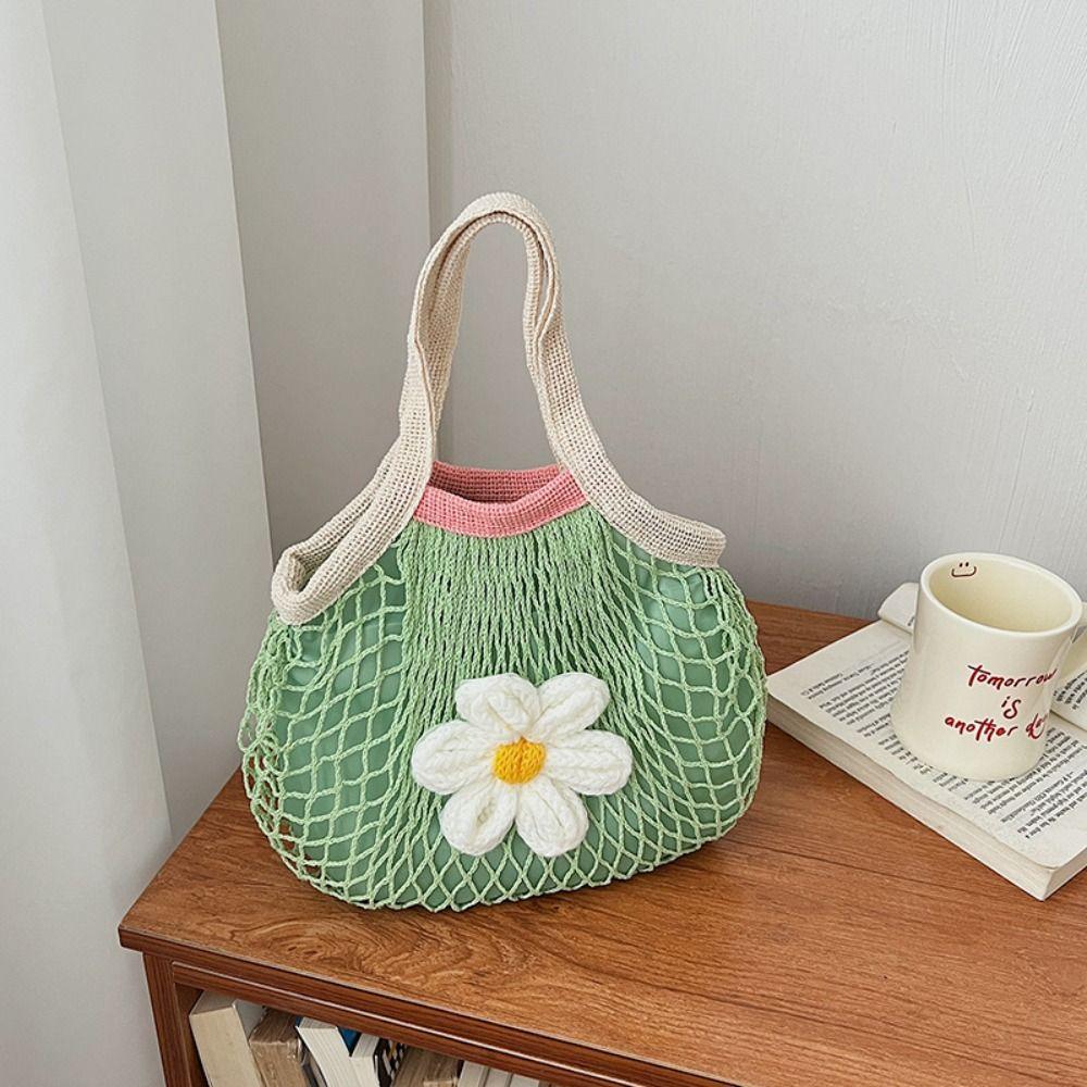 Large Capacity Hollow Out Weave Bag Flower Nylon Mesh Tote Bag Foldable Woven Handbag Shopping Bag