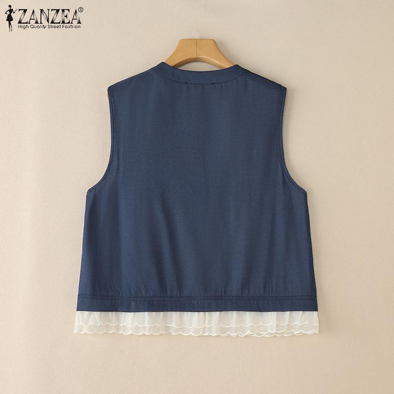 ZANZEA Women Casual Round Neck Summer Sleeveless Lace Patchwork Tank Tops