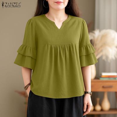 Women Casual V-Neck Solid Color 3/4 Sleeve Loose Blouse