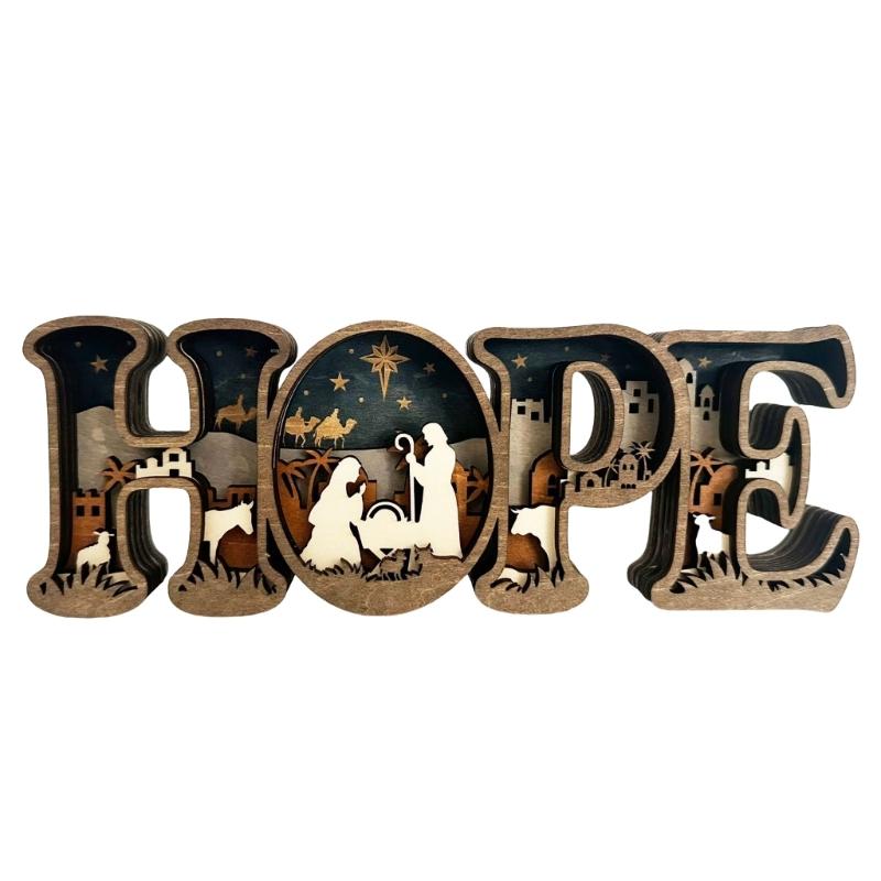

Handcrafted HOPE Letter Wooden Table Sign with Nativity Scene Carved Ornament Home Decors Safe Nontoxic Decoration 1