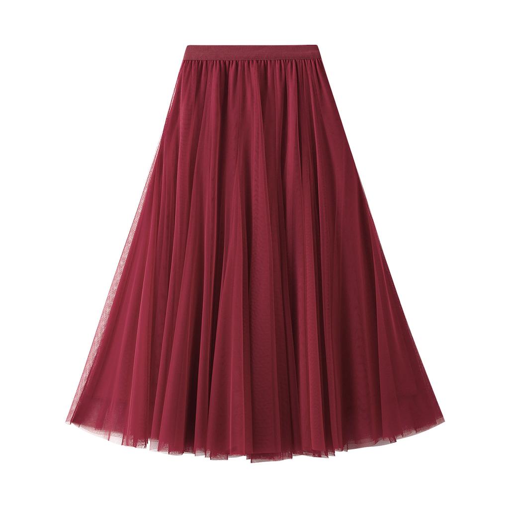 Women's Tulle Skirt Elastic High Waisted A-Line Layered Flowy Long Skirts Pleated Mesh Midi Skirts for Women Casual Beach Ruffle Skirts for Party