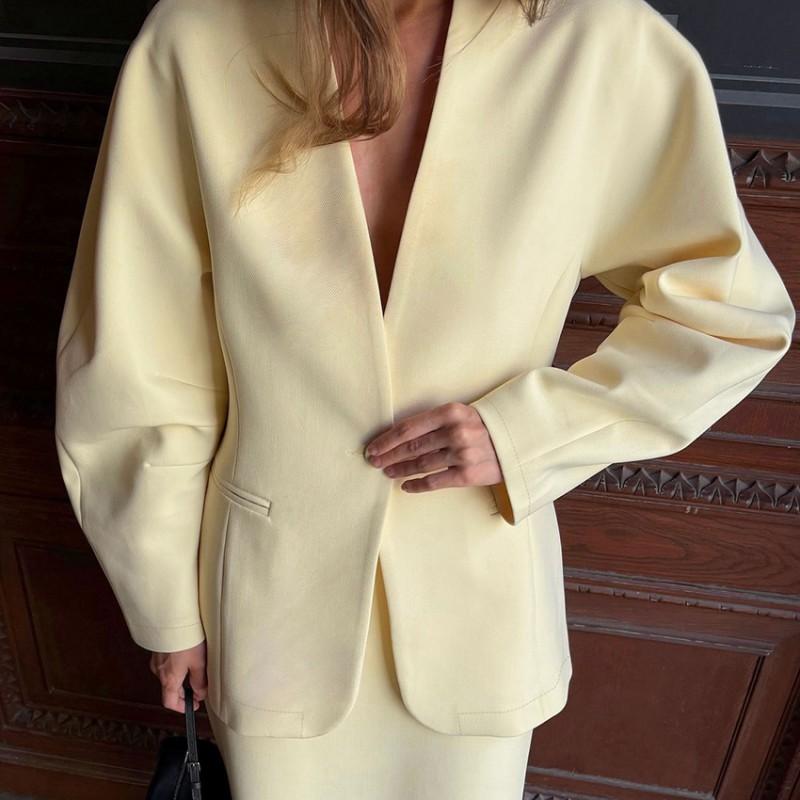 Womens V-Neck Slim Fit Blazer Elegant Commute Suit Single-Breasted Mid-Length Office Jacket