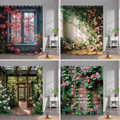 Poster da Giardino Esterno Tenda da Doccia Finestra Vintage Parete Piante Floreali da Coltivare Tessuto in Poliestere Tende da Doccia Arredamento Bagno