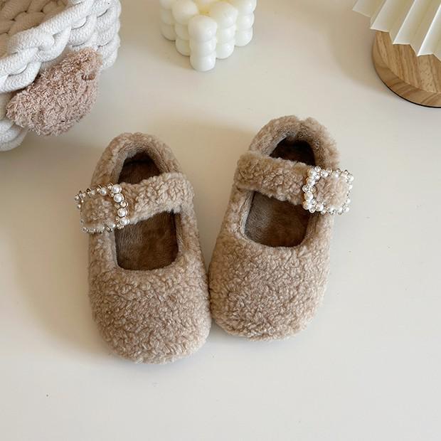 Girls' Winter Pearl Fluffy Cotton Shoes - Velvet Lined, Cute Shallow Mouth Teddy Fur Shoes for Little and Big Kids