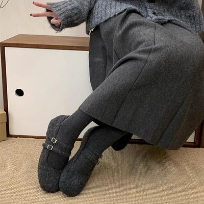 Small Inner Height Increase Mary Jane Fluffy Shoes Winter Double Buckle with Gray Warm Velvet Single Shoes