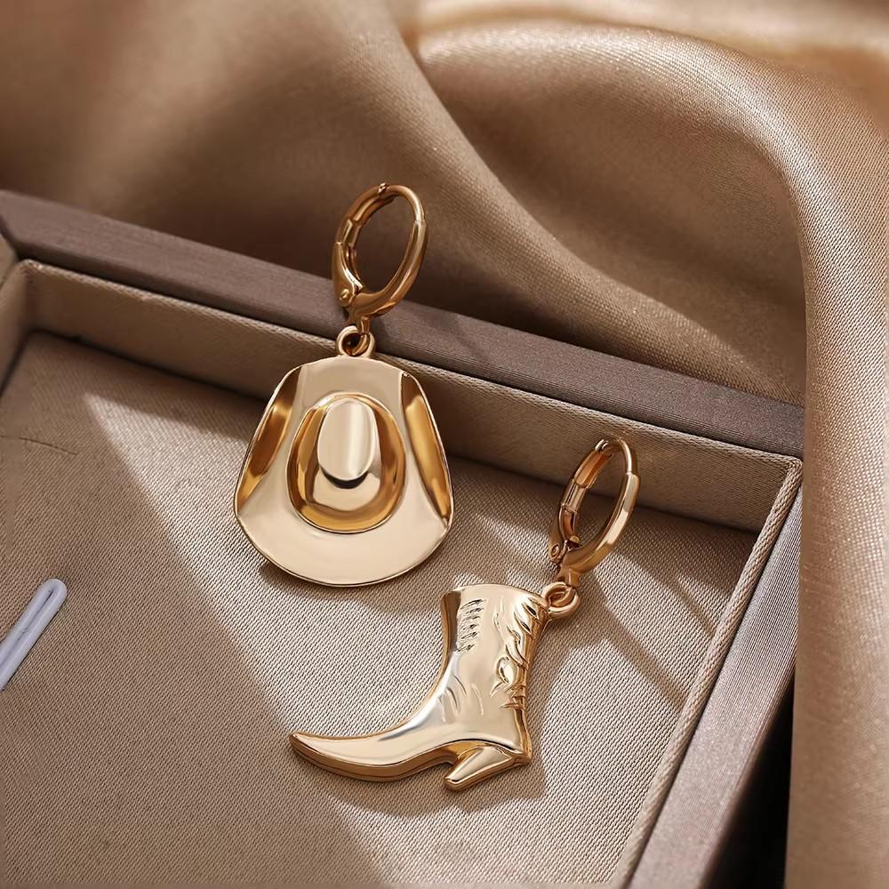 Stainless Steel Waterproof Cowboy Boot Choker Necklace Creative Cowgirl Hat Rhinestone Star Pendant Polished Gold Color Jewelry