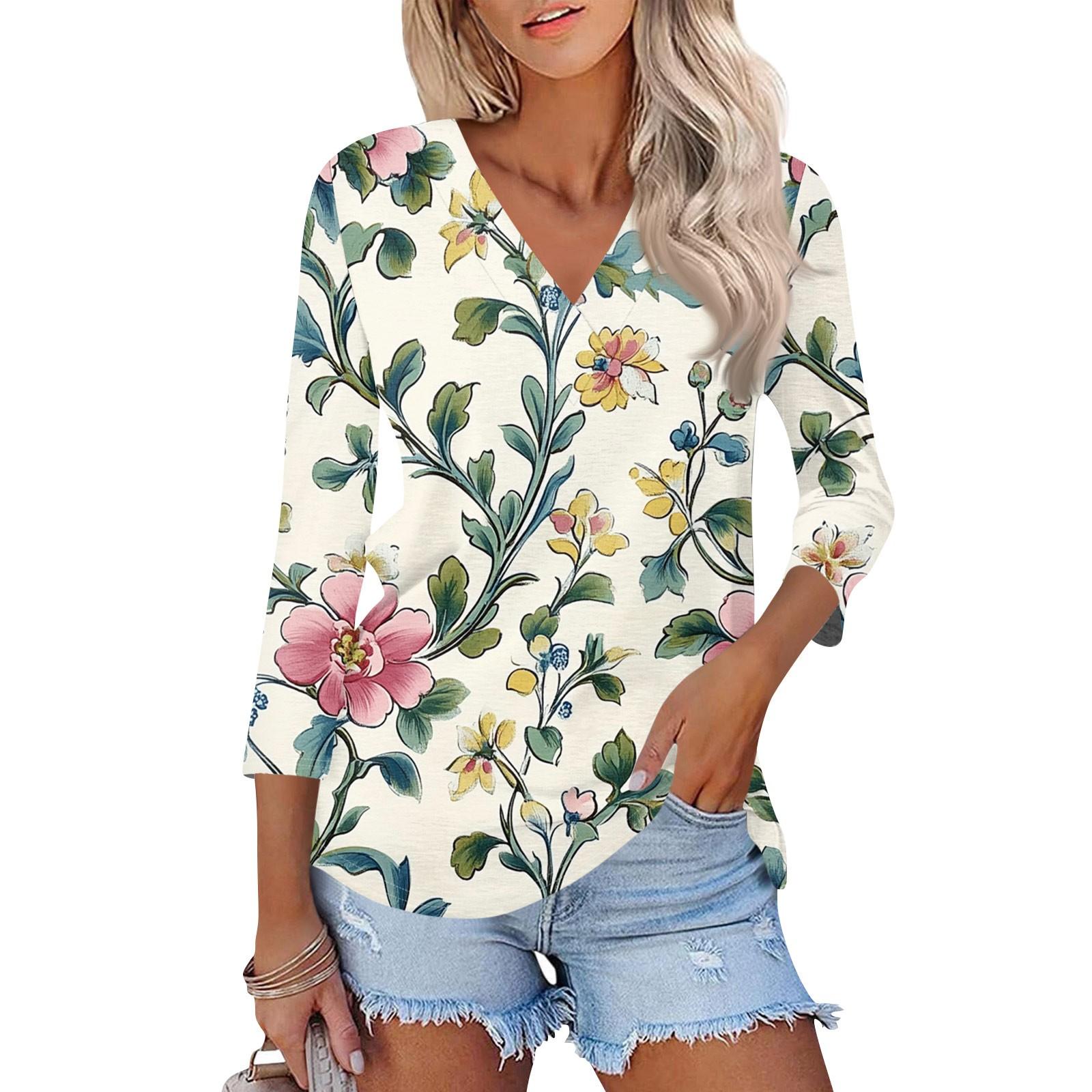 3/4 Length Sleeve Womens Tops V Neck Casual Tunic Tops Basic Shirts Loose Fit Blouse L