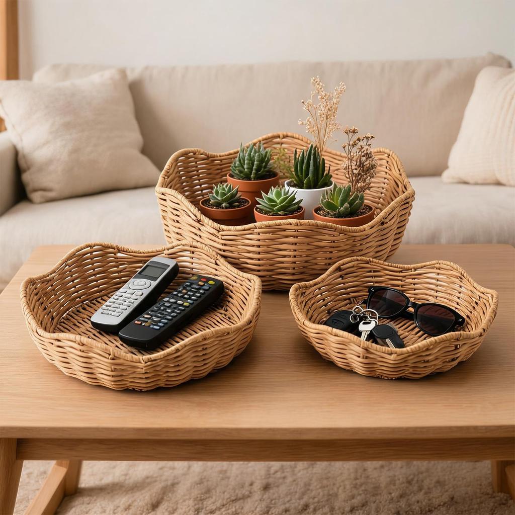 Euker Storage from Natural Set of with Natural for Storing Small and Fruits Baskets, Hand-Woven Rattan, 3, Handles, Finish, Items, Bread, Vegetables,
