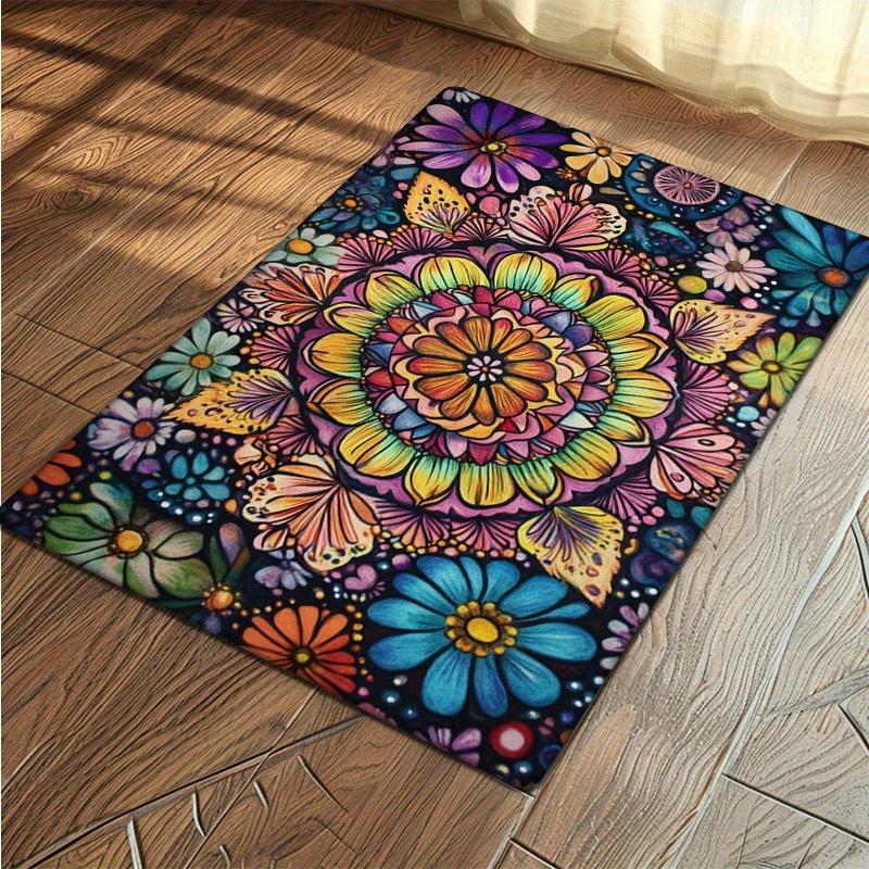 Flannel Thickness 0.47inch - 1pc Multicolor Mandala Door Mat, Black Base with Vibrant Symmetrical Pattern, Absorbent and Non-Sli