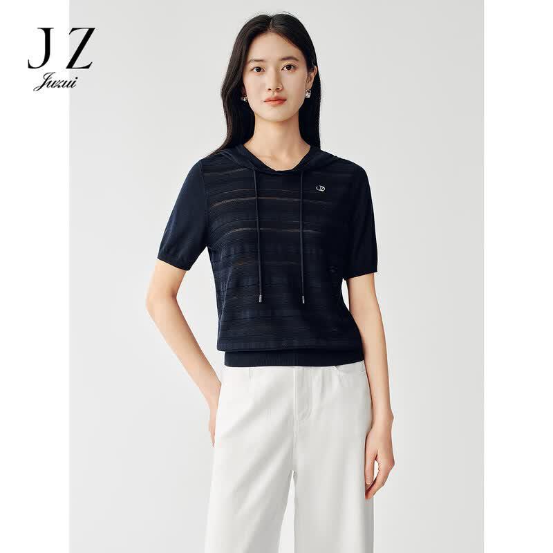 JUZUI Women s Relaxed Fit Hooded Short Sleeve Knit Sweater L
