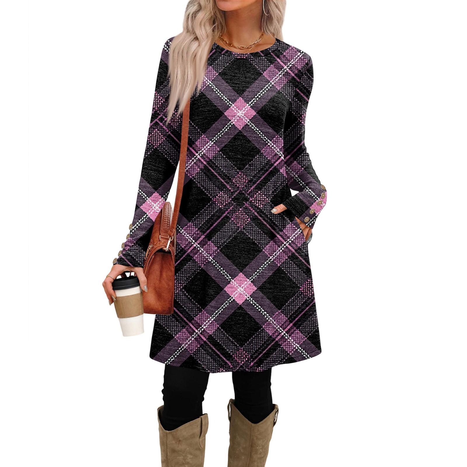 

Женское модное повседневное платье с карманами, декоративными пуговицами, круглым вырезом и длинными рукавами S фиолетовый