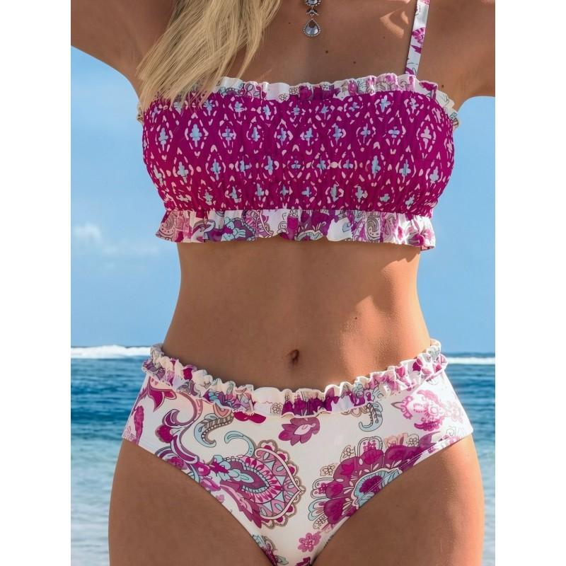Womens High Elasticity Floral Print Bikini Set With Padded Cups No Underwire Triangle Bottom Backless Design Beach Pool